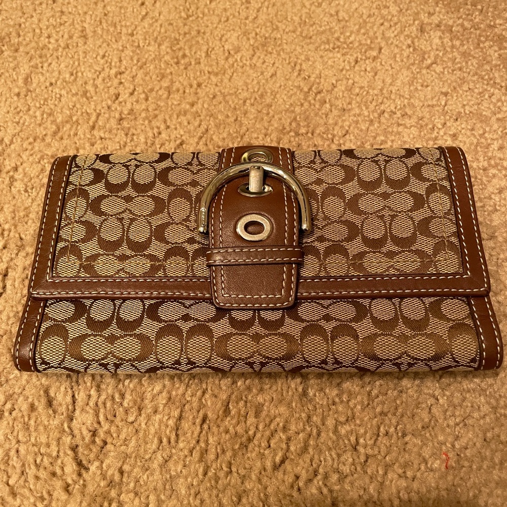 Coach Signature Tan & Brown Checkbook Wallet